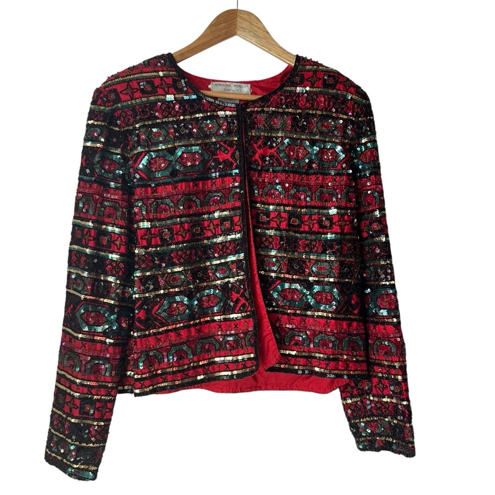 Adrianna Papell Red, Black & Gold Beaded Sequin Evening Cocktail Silk Jacket XL
